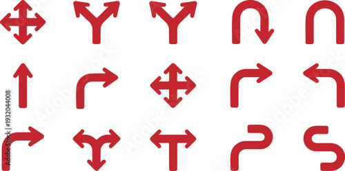 Vector arrow icons set featuring navigation, turn signs, intersections, and traffic movement indicators for maps, UI, and interface design