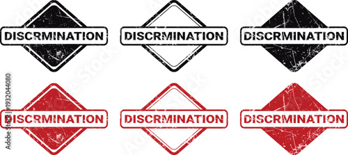 Six diamond shaped distressed rubber stamps with the word Discrimination in white text on red and