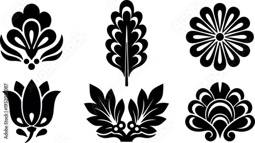 Flat design ornamental floral vector set six black silhouette motifs close up symmetrical tile decorative elements isolated on white background