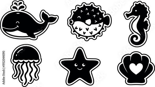 Flat design kawaii sea creature sticker set with smiling whale puffer fish seahorse jellyfish starfish shell black and white outlined