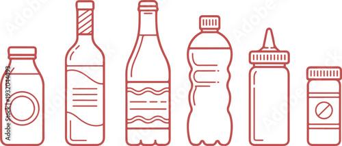 Outline beverage bottle icon set including juice, wine, beer, soda, sauce, and medicine containers for packaging design and product illustration