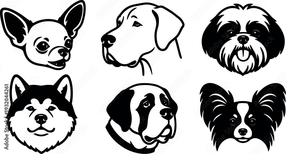 Obraz premium Line art dog head icons set six breed faces front view black and white bold stroke close up vector illustration