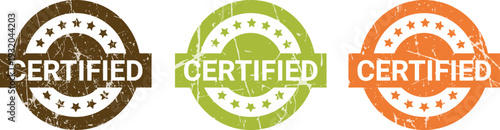 Three grunge certified stamps in brown green and orange with stars and distressed texture