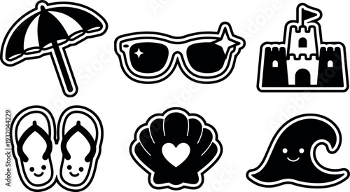 Flat design cute beach sticker icons set umbrella sunglasses sandcastle flip flops seashell smiling wave close up isolated on white