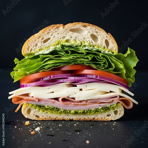 Delicious Italian Sandwich with Fresh Ingredients on Ciabatta Bread.