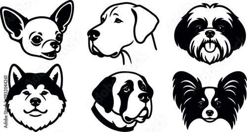 Line art dog head icons set six breed faces front view black and white bold stroke close up vector illustration