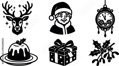 Flat design christmas icon set close up reindeer santa clock pudding gift and holly festive black silhouette icons vector collection