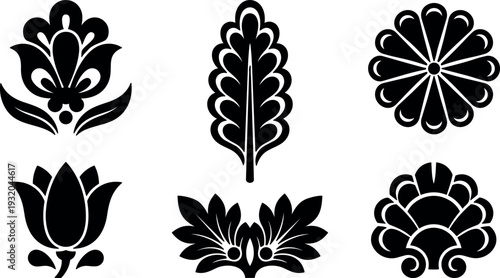 Flat design ornamental floral motifs six black silhouette vector icons arranged in horizontal grid isolated on white background minimal decorative