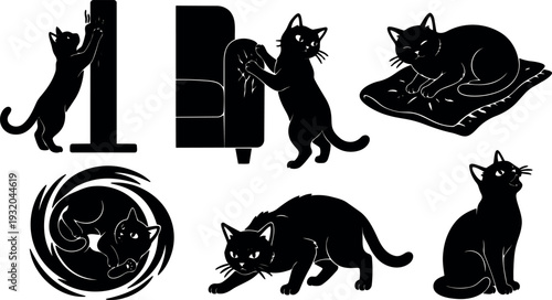 Minimalist silhouette set of six playful cat poses scratching sleeping curling stalking sitting looking up on white background vector art