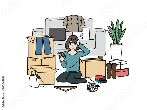 引越し作業が終わらない女性のイラスト