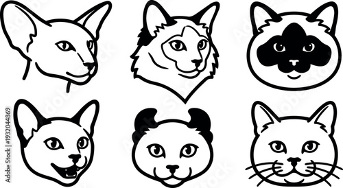 Line art vector cat head icons set six different feline faces close up black outline minimal flat design front expressive