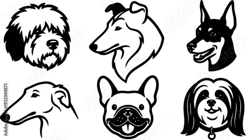 Line art dog head badge icons six breed portraits front and profile black and white vector set close up playful