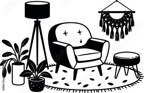 Line art close up cozy armchair with floor lamp and potted plant macrame round rug low angle composition