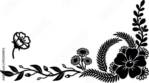 Minimalist floral corner vector with bold black silhouette leaves fern and large blossom ornamental corner decoration right side line art
