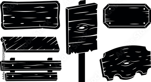 Silhouette vector set of six weathered wooden signs and planks isolated on white with bold high contrast clean layout