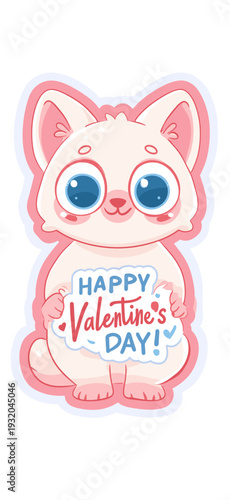 Cute cartoon animal holding a pink sign for Valentine's Day celebration. Cute big-eyed animal delivering Happy Valentine's Day message
