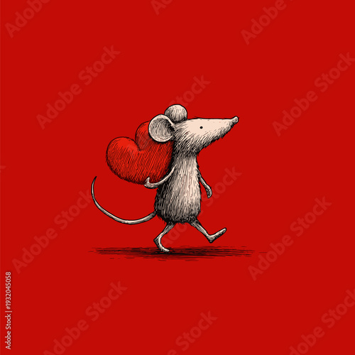 Cartoon gray rat running with a large red heart on a solid red background. Cute gray rat carrying red heart running
