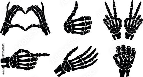 Flat vector skeleton hand icons showing heart gesture thumbs up peace sign pointing palm and fist in bold black silhouette