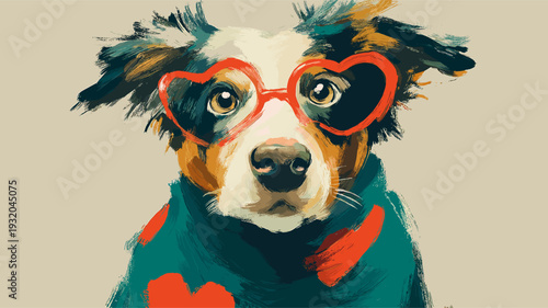 Doodle dog wearing a red heart sweater with heart-shaped glasses. Dog wearing red heart sweater and glasses for Valentine
