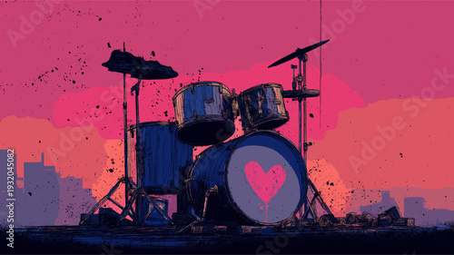 Drummer performing on a city rooftop at sunset, playing a song about love. Drummer playing love song on urban rooftop