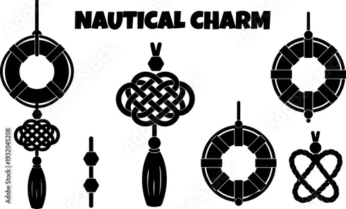 Flat design nautical charm set with lifebuoys and sailor knot pendants hanging close up black silhouette vector icons ornaments decorative