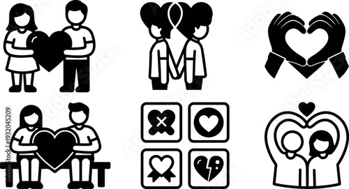 Flat design close up couples icons holding heart symbols sitting and standing hand gesture love silhouette simple black outline vector