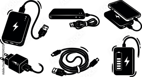 Minimalist vector power bank and charging cable set with phone on wireless charger close up flat design illustration icon pack