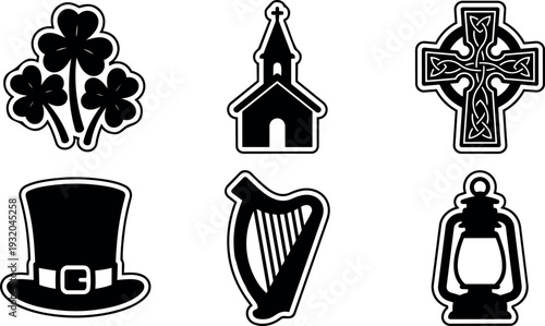 Flat design irish icon sticker set shamrock church celtic cross leprechaun hat harp lantern close up black outline minimalist vector