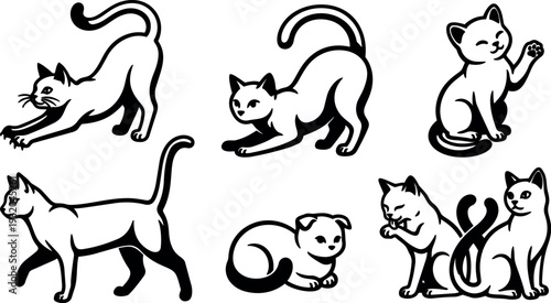 Minimalist black and white vector cats and puppy set with playful poses stretching sitting grooming walking tail curl silhouette collection