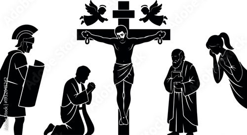 Silhouette vector crucifixion scene with jesus christ on cross flanked by mourning figures soldier and praying disciple in stark composition