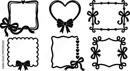 Flat vector bow frame set six decorative black silhouette frames with heart bows and ribbon accents ornate close up collection