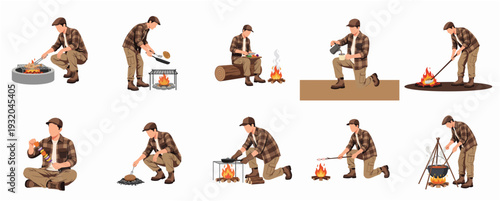 Illustration Collection of Man Preparing Food During Outdoor Camping Activity