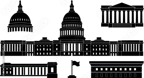 Flat design silhouette montage of capitol dome and classical government buildings aerial view flag close up dramatic contrast vector black