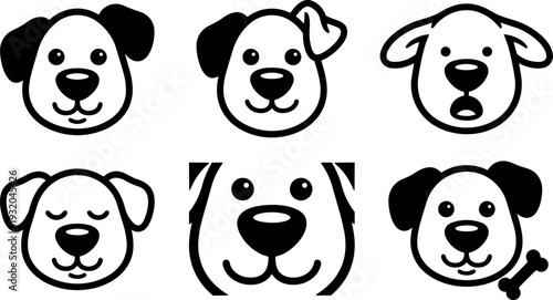 Flat design close up dog face icon set six variations smiling winking sleeping surprised neutral with bone and bold lines