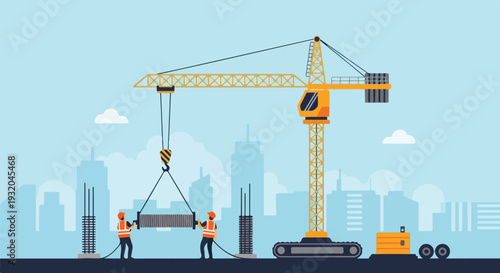 Two construction workers in safety gear assist a large yellow crane in lifting a heavy load amidst a city skyline under a light blue sky.