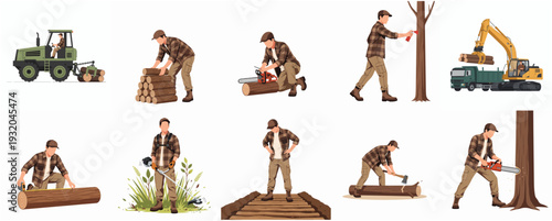 Detailed Realistic Lumberjack Working Set Collection Industry Logging Profession