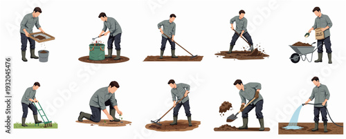 Set of Colorful Illustration Showing Man Planting Garden with Gardening Steps