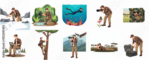 Cartoon Style Diverse Wildlife Scene with Photographer Activity Illustration Set