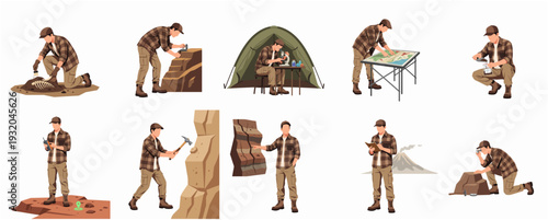 Detailed Flat Style Geologist Character Doing Fieldwork and Research Illustration Set