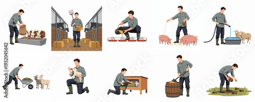 Illustrated Man Doing Various Activities on the Farm, Farmer Life Style Illustration