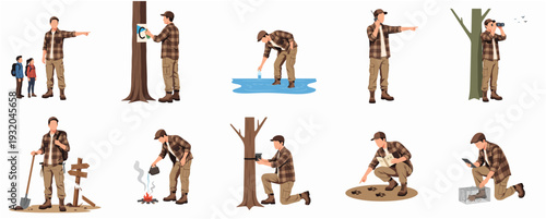 Detailed Flat Illustration of Outdoorsman in Various Activities Icon Set