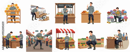 Detailed Style of Farmer in Market Stall Various Activity Illustration Set