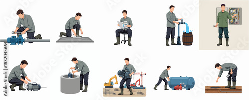 Set of Man Illustration Doing Plumber Activities in Various Poses and Situations