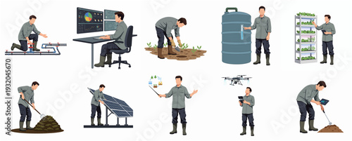 Modern Style Detailed Smart Agriculture Scenes and Farmer Activity Illustration
