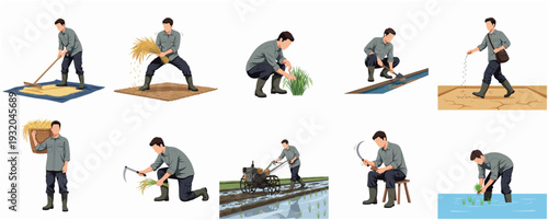 Illustrated Set of Farmer Agricultural Work Process Activities in Various Poses Illustration