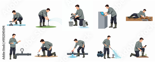 Detailed Flat Style Water Technician in Different Situations and Maintenance Poses
