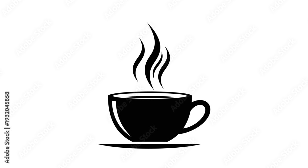 Obraz premium Black Coffee Cup with Steam Isolated on White Background, Hot Drink Mug Icon, Tea Cup Symbol, Vector Illustration for Cafe or Breakfast