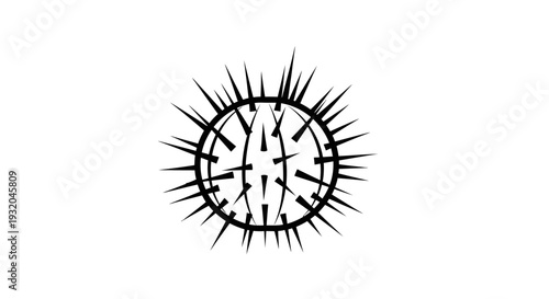 Abstract illustration of a thorny sphere in black and white against a white backdrop