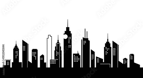 Modern City Skyline Silhouette Illustration. Urban Metropolis Landscape with Skyscrapers and Tall Buildings. Black and White Graphic Vector.