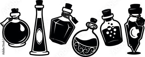 Tattoo flash potion bottles line art collection assorted vintage glass flasks close up silhouettes arranged on white background bold ink